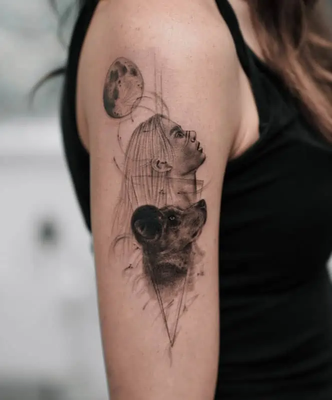 tatouage géométrique d'une femme et d'un chien