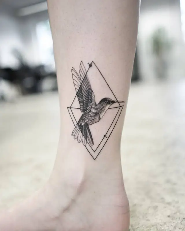 ankle bird with diamond shape geometric tattoo