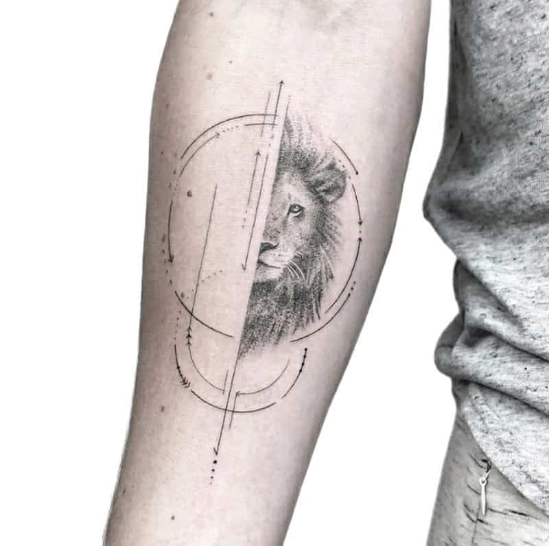 lion with circle geometric tattoo