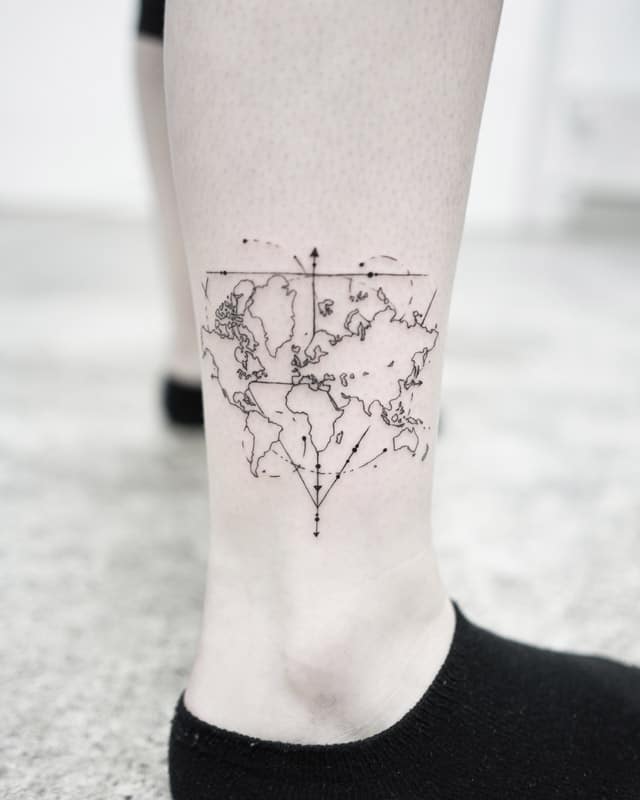 map on ankle geometric tattoo