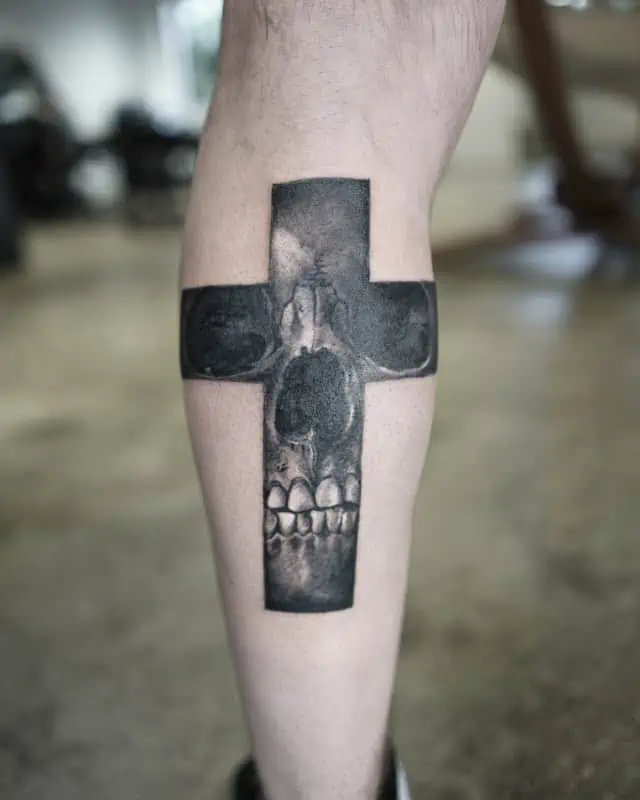 cross on calf tattoo realistic